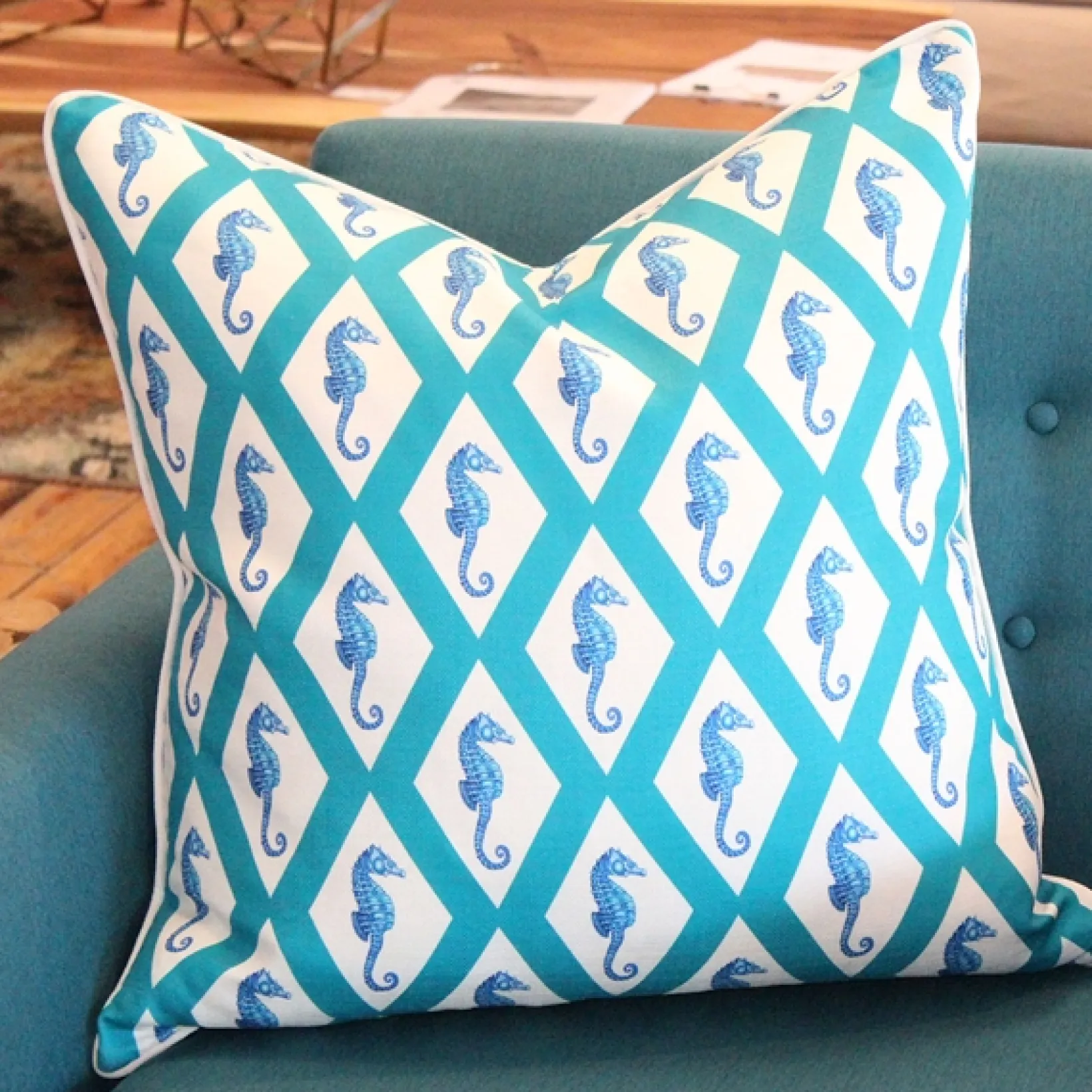 Capri Turquoise Argyle Seahorse Throw Pillow 26x26