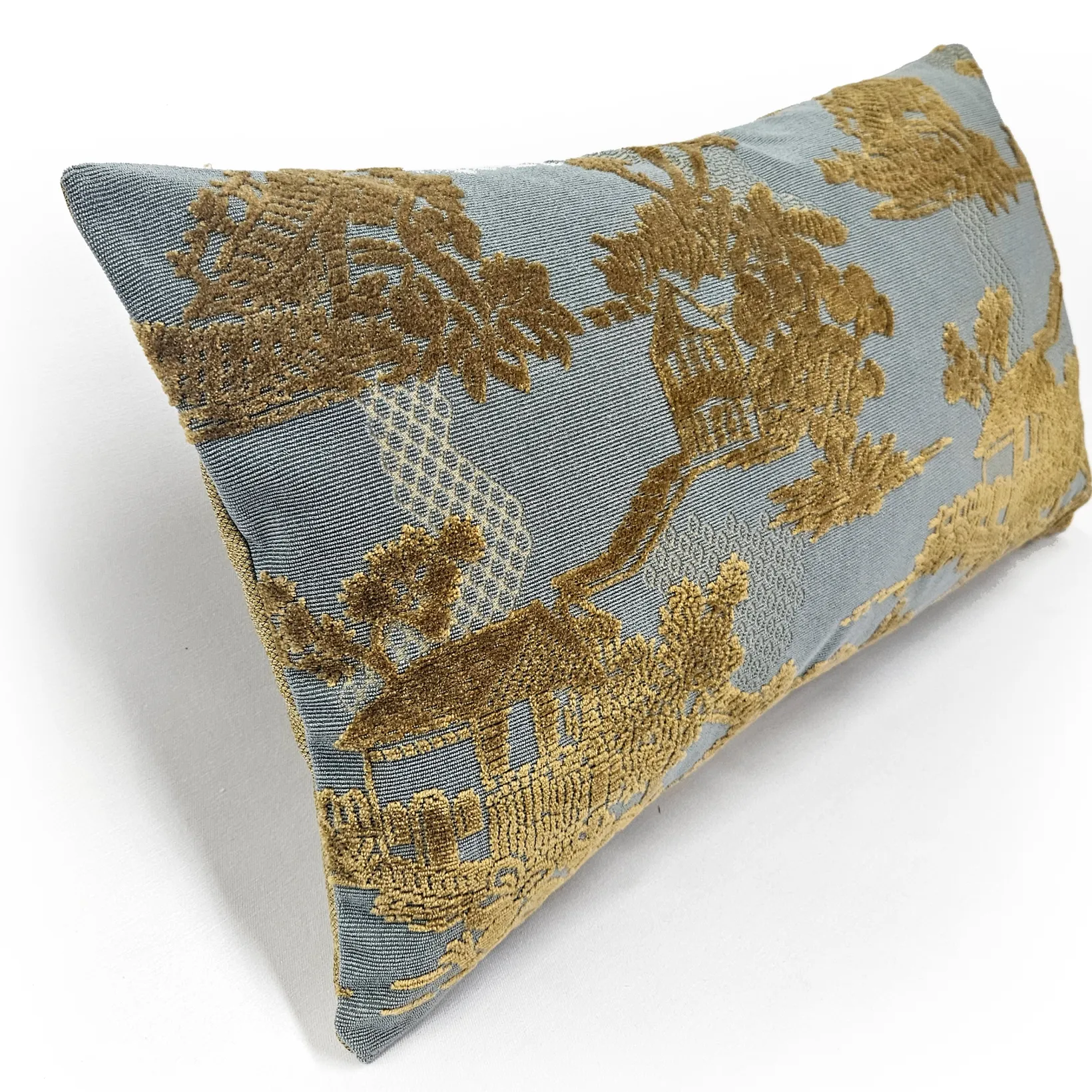 Dalian Gold and Teal Woven Velvet Throw Pillow 12x24