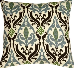 Linen Damask Print Blue Brown 18x18 Throw Pillow