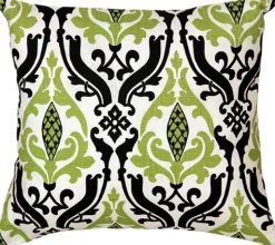 Linen Damask Print Green Black 16x16 Throw Pillow