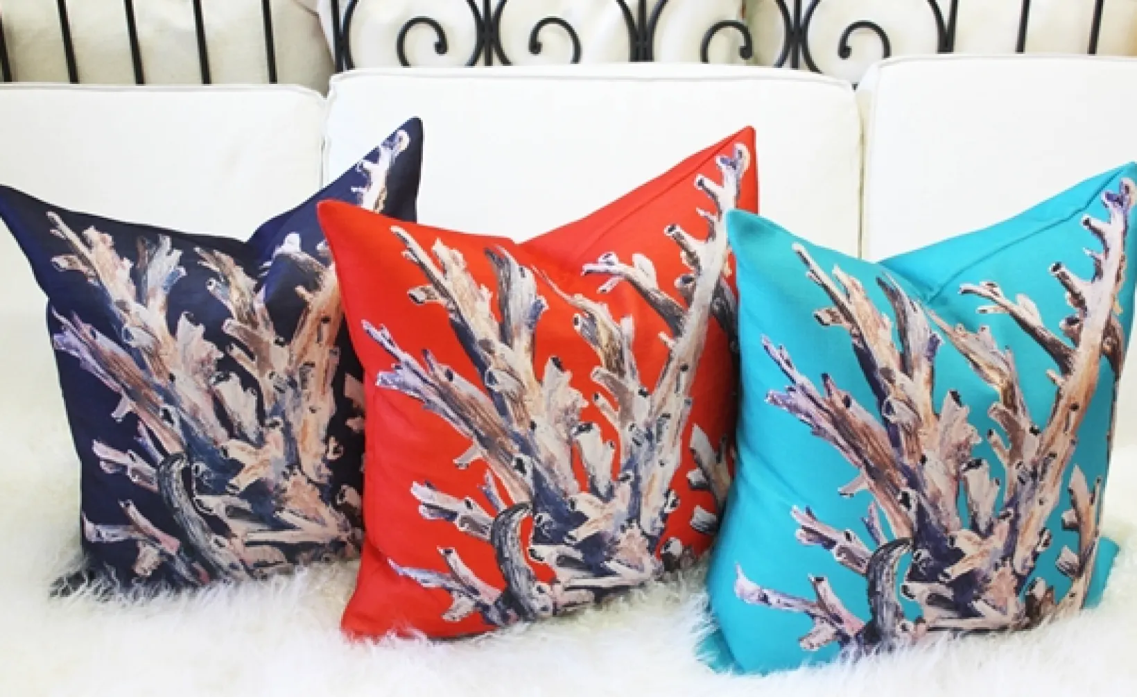 Ocean Reef Coral on Navy Throw Pillow 20x20